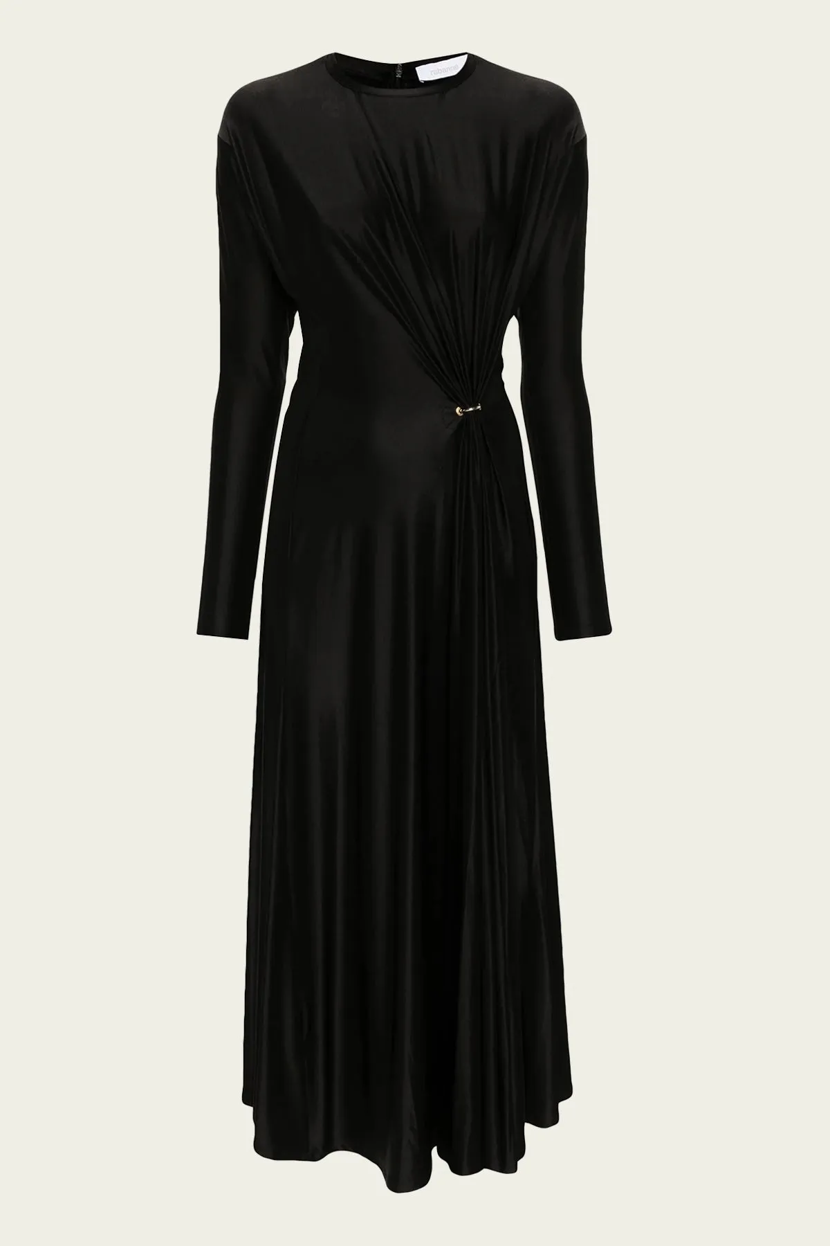 Long-Sleeve Gathered Midi Dress in Black