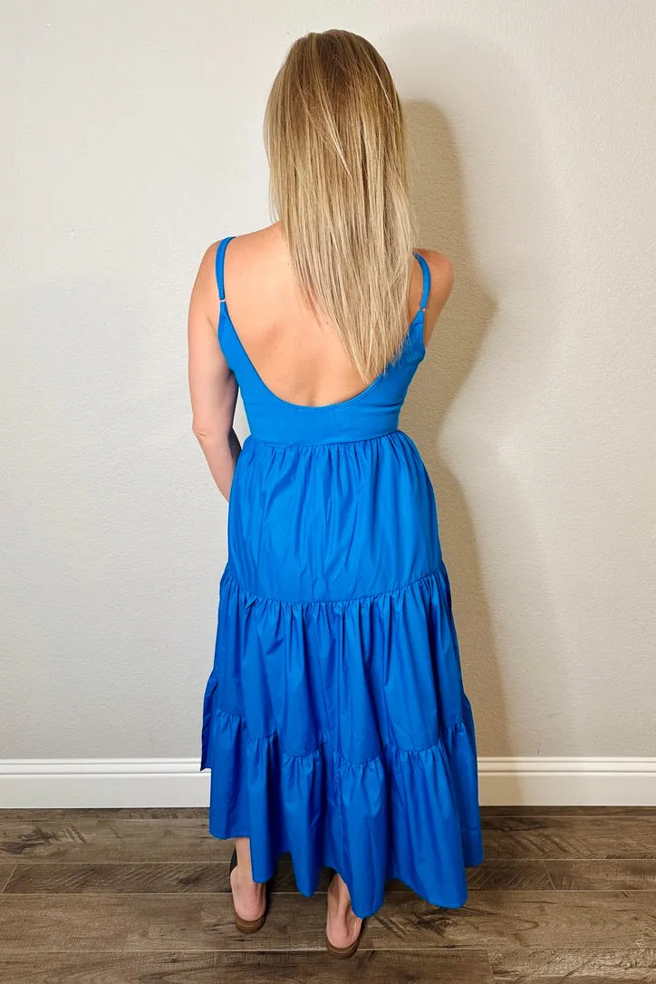 Lovable Cutie Blue Sleeveless Tiered Midi Dress