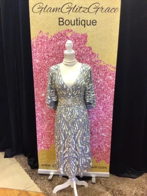Mac Duggal Platinum Gold Sequined V Neck Midi Dress