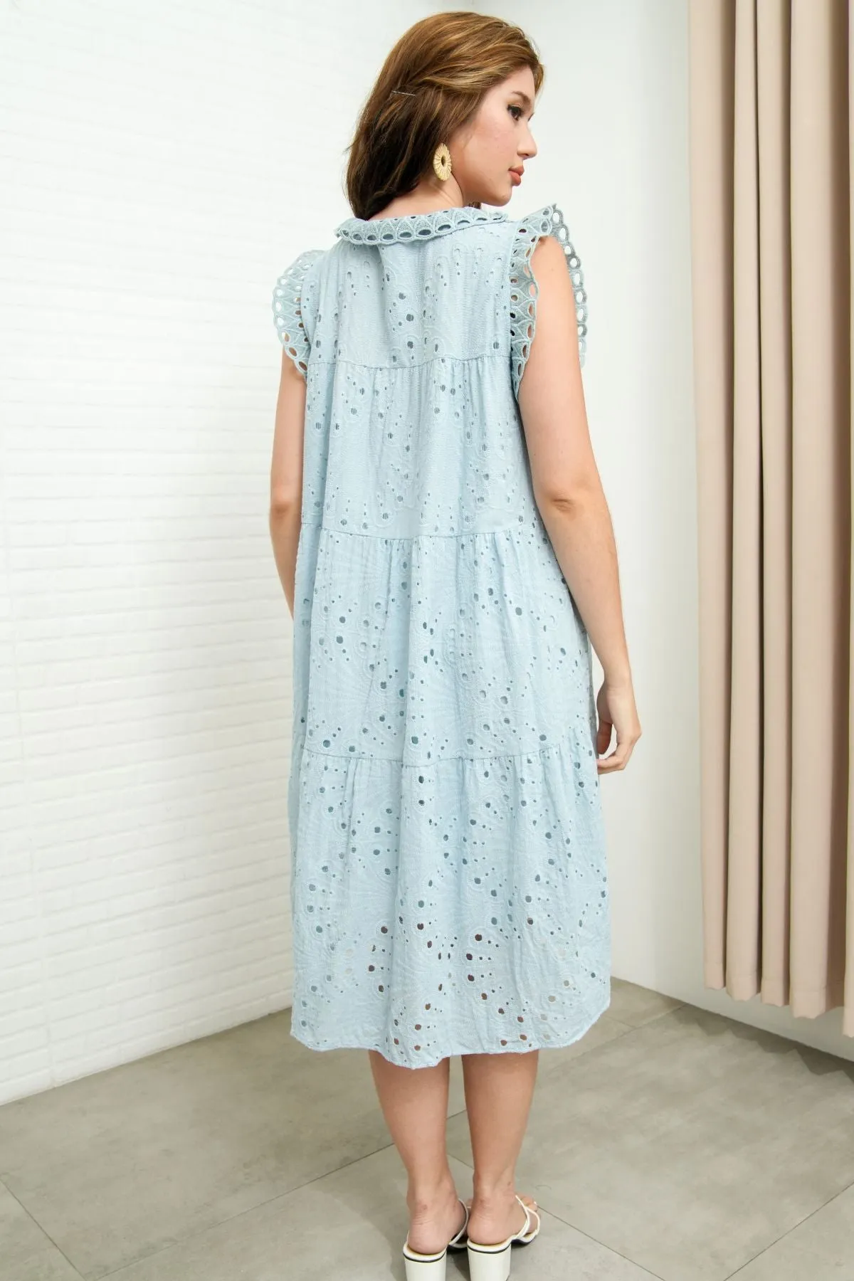 MAREN Tiered Broderie Midi Dress (Powder Blue)