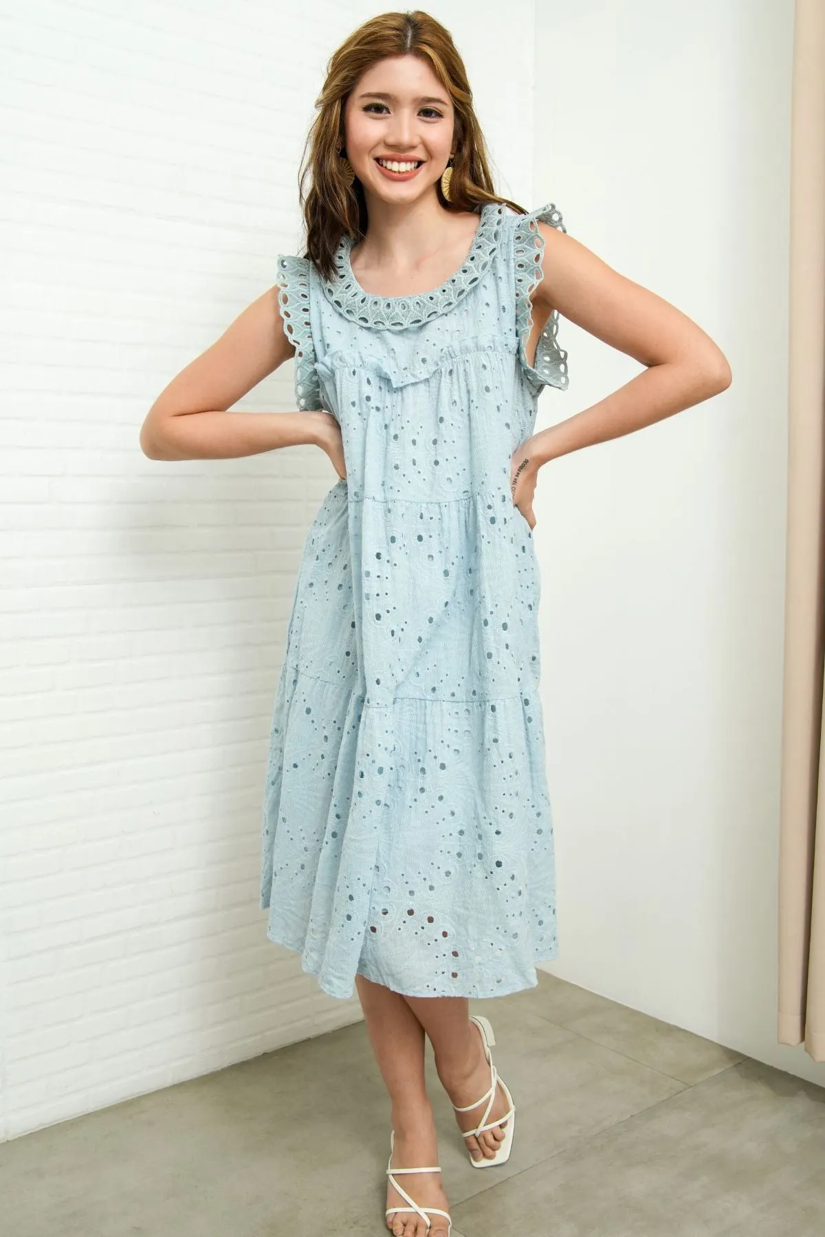 MAREN Tiered Broderie Midi Dress (Powder Blue)
