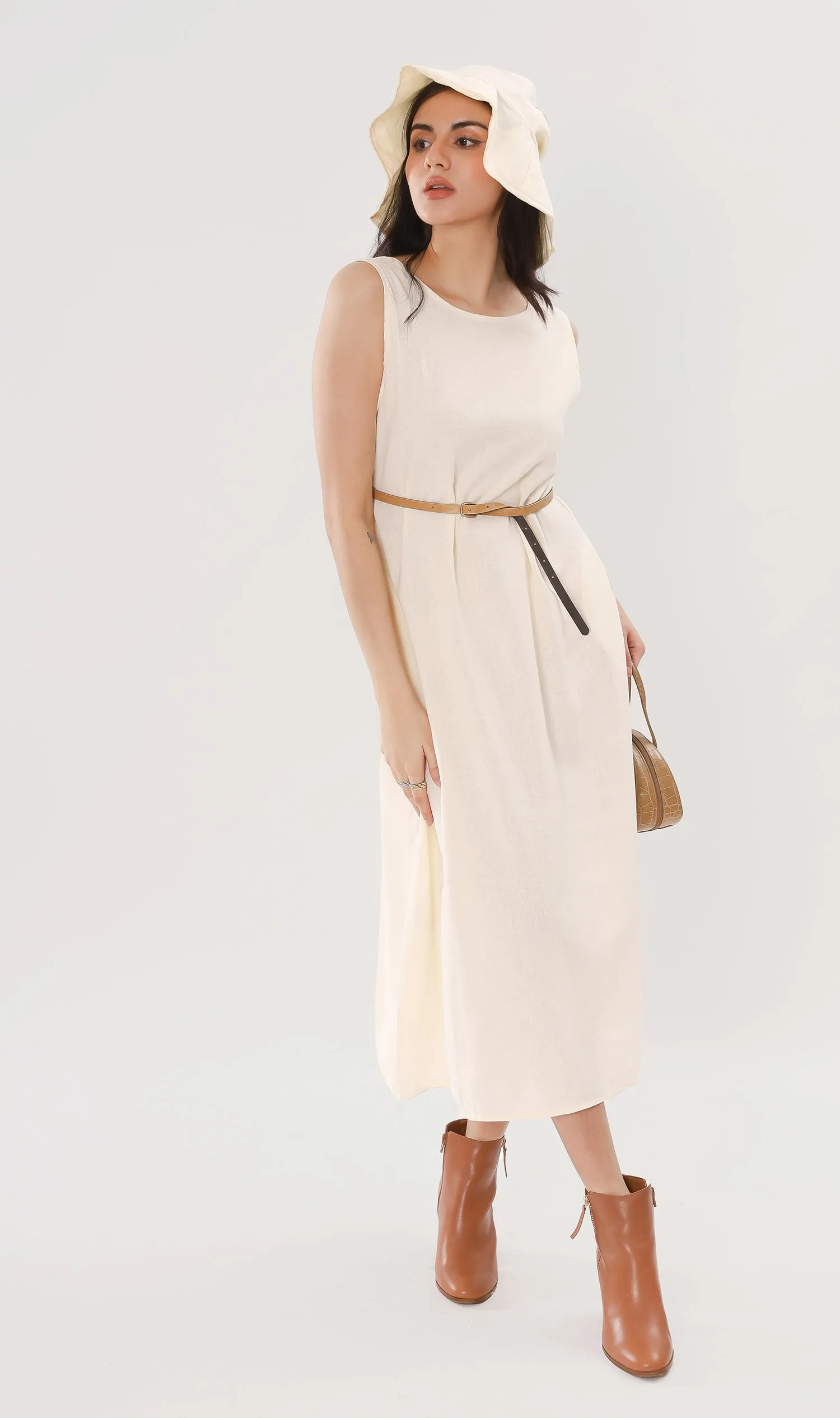 MAZIE Low-back Linen Midi Dress w/ Hat (Cream)
