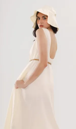 MAZIE Low-back Linen Midi Dress w/ Hat (Cream)