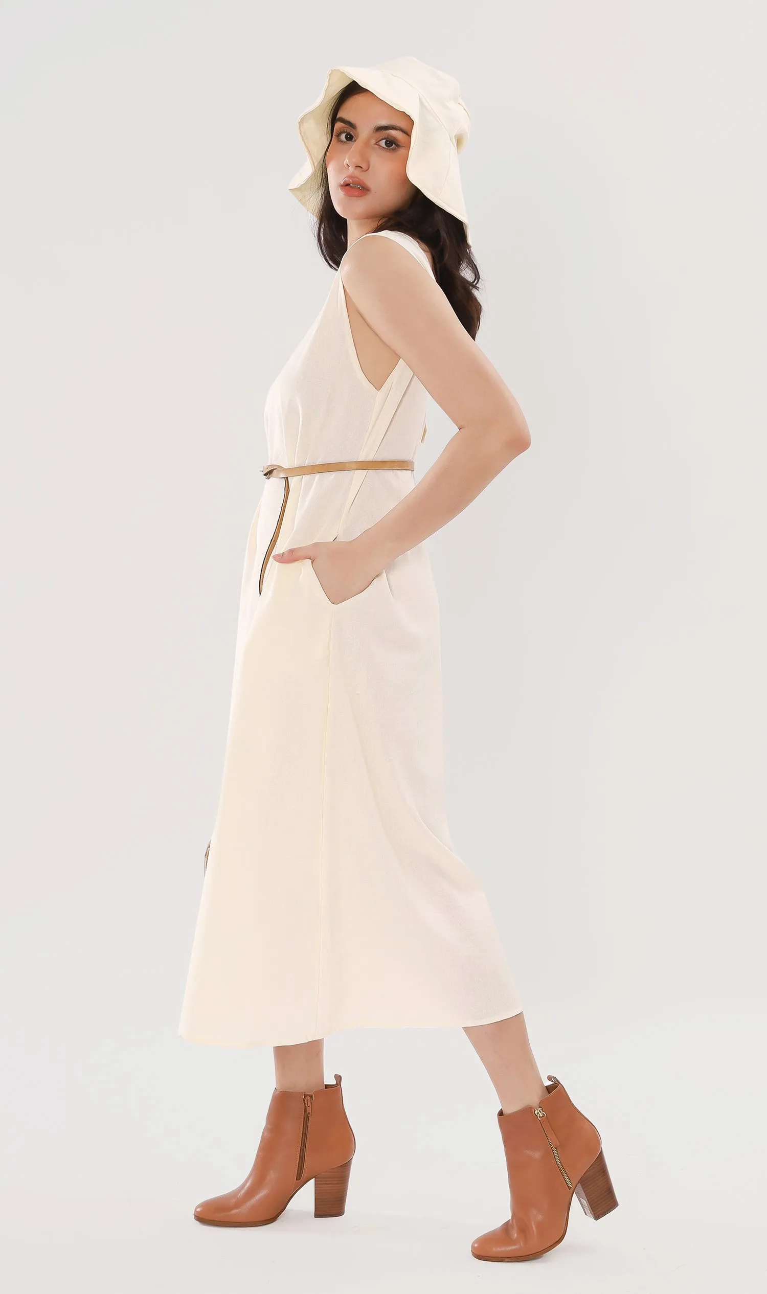 MAZIE Low-back Linen Midi Dress w/ Hat (Cream)