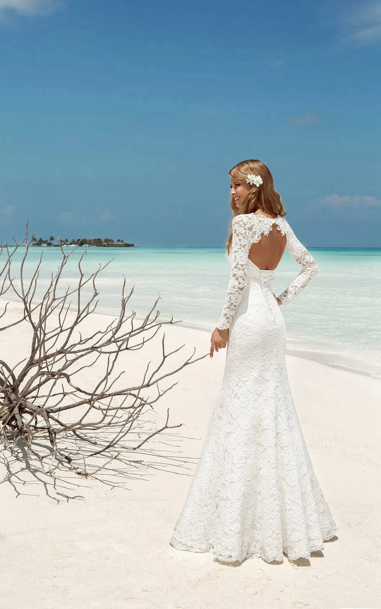 Mermaid Long Scoop-Neck T-Shirt-Sleeve Lace-Up Lace Dress With Beaded And Keyhole-714141
