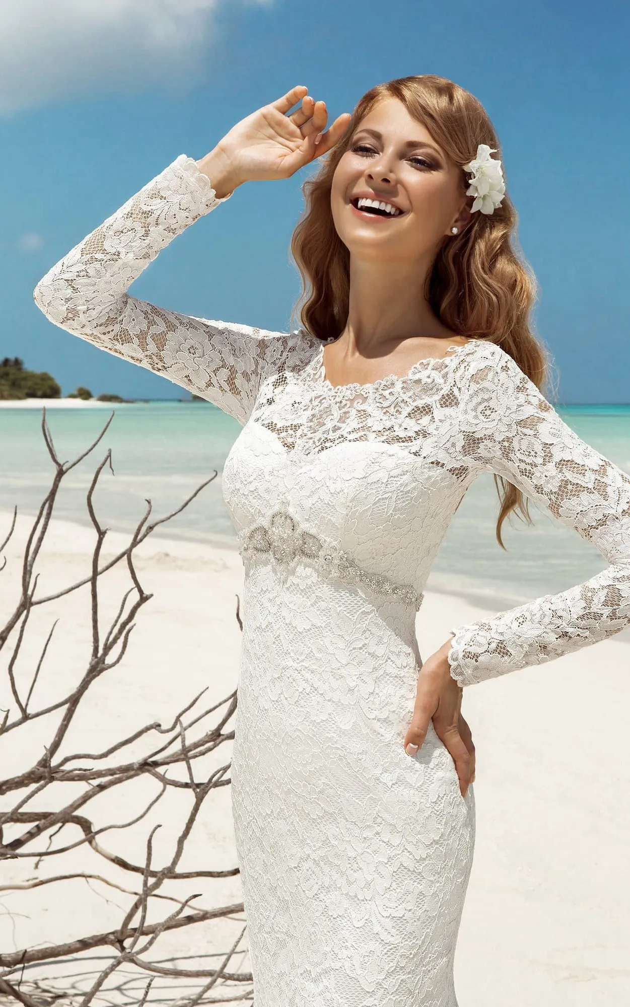 Mermaid Long Scoop-Neck T-Shirt-Sleeve Lace-Up Lace Dress With Beaded And Keyhole-714141