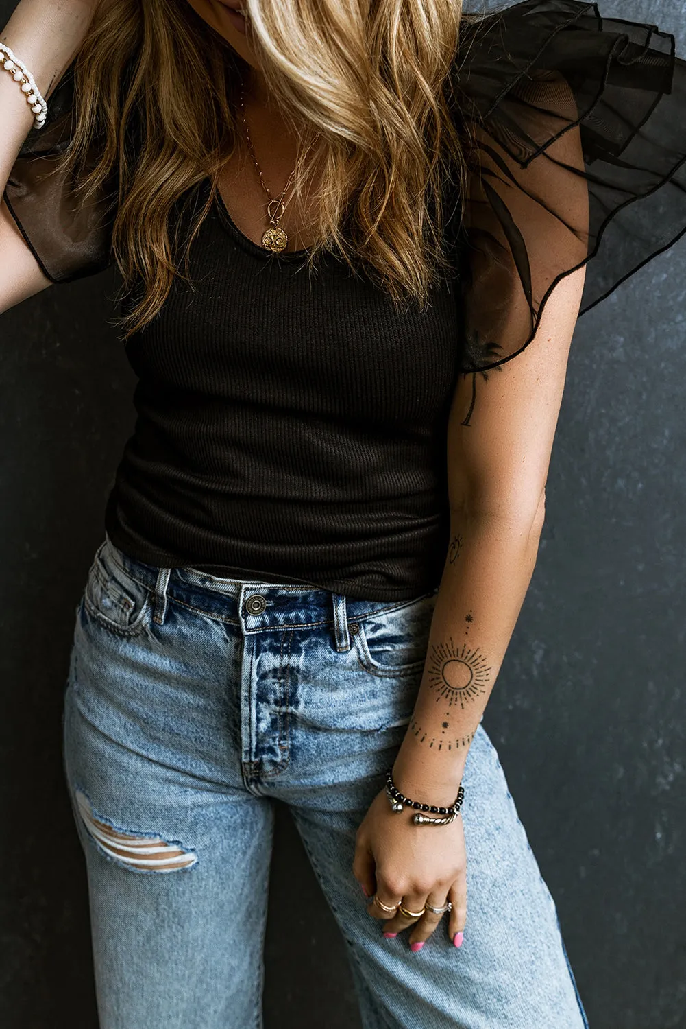 Mesh Flutter Ribbed Knit Top
