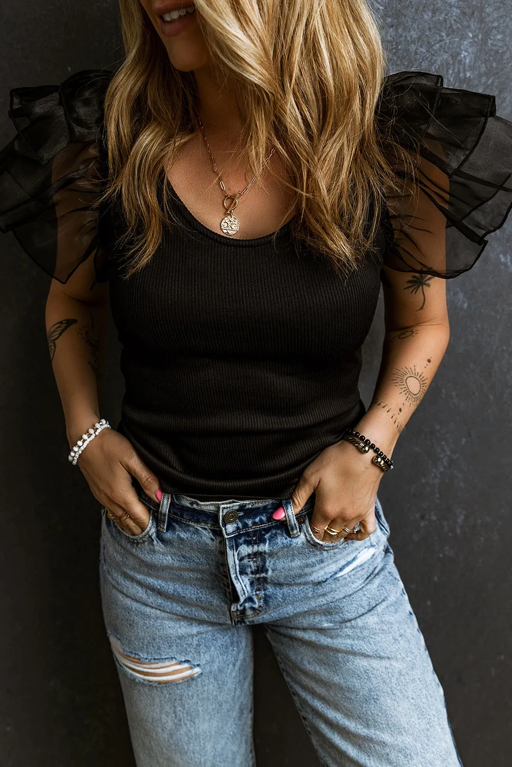 Mesh Flutter Ribbed Knit Top