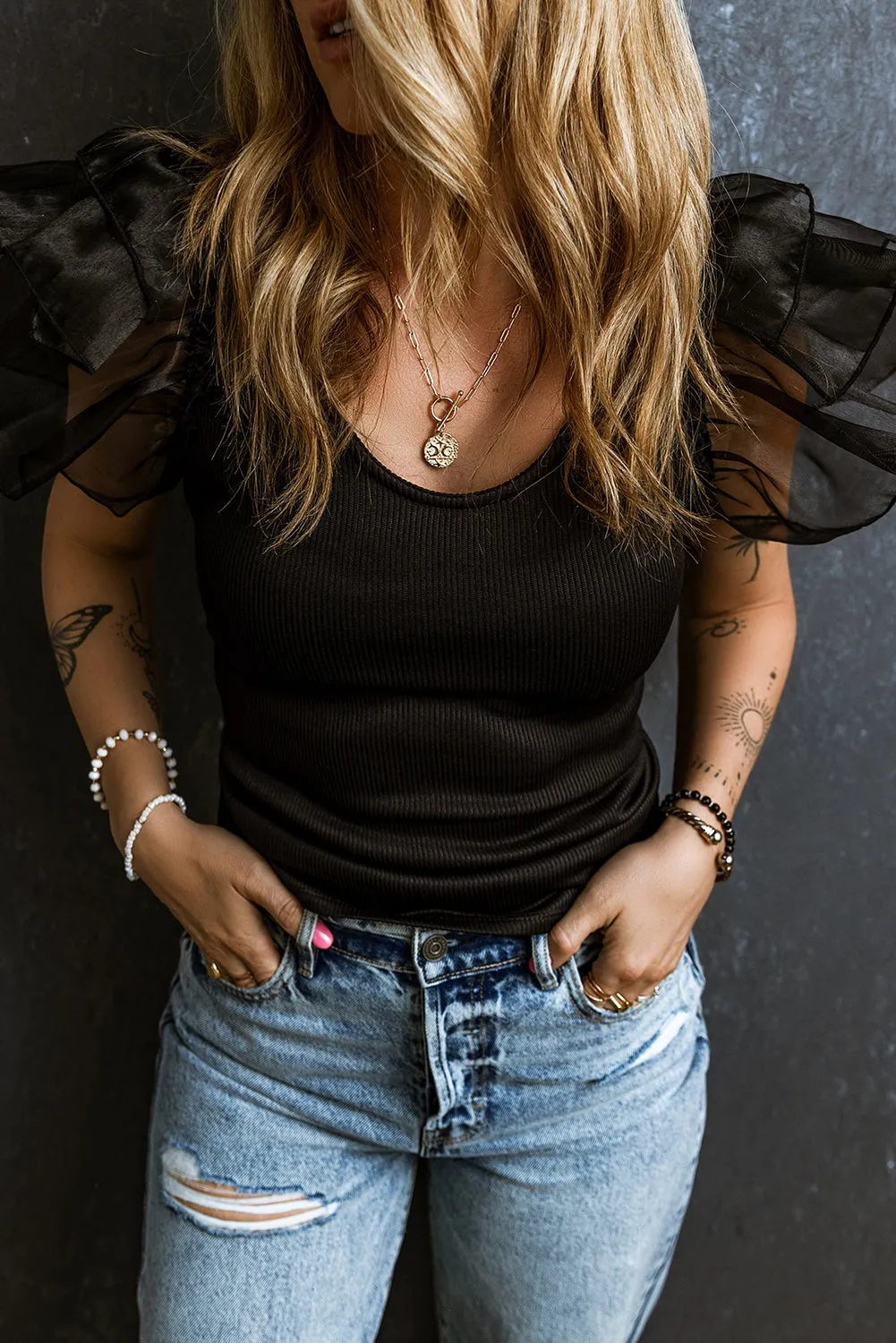 Mesh Flutter Ribbed Knit Top
