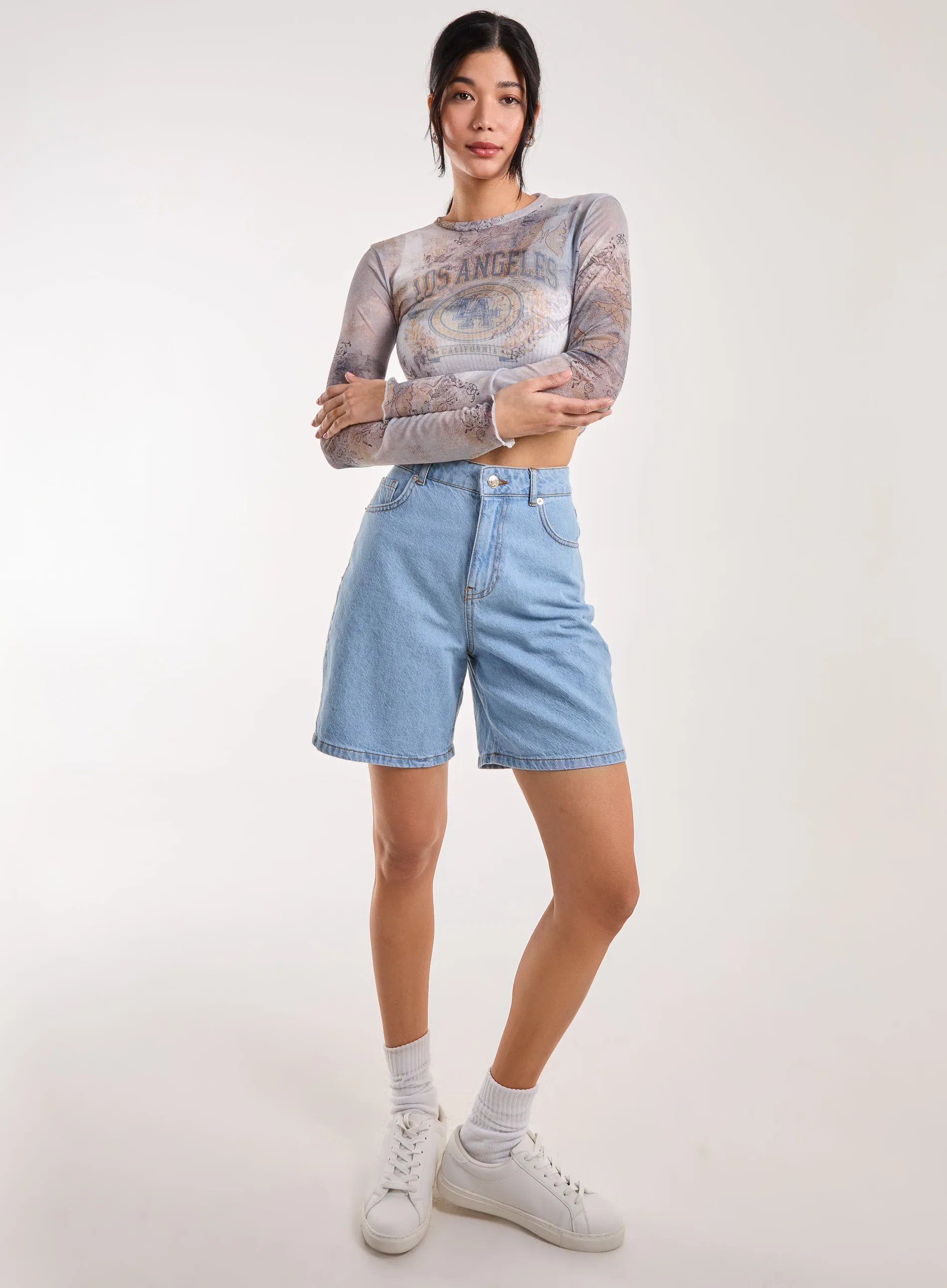 Mesh Printed LA Long Sleeve Top