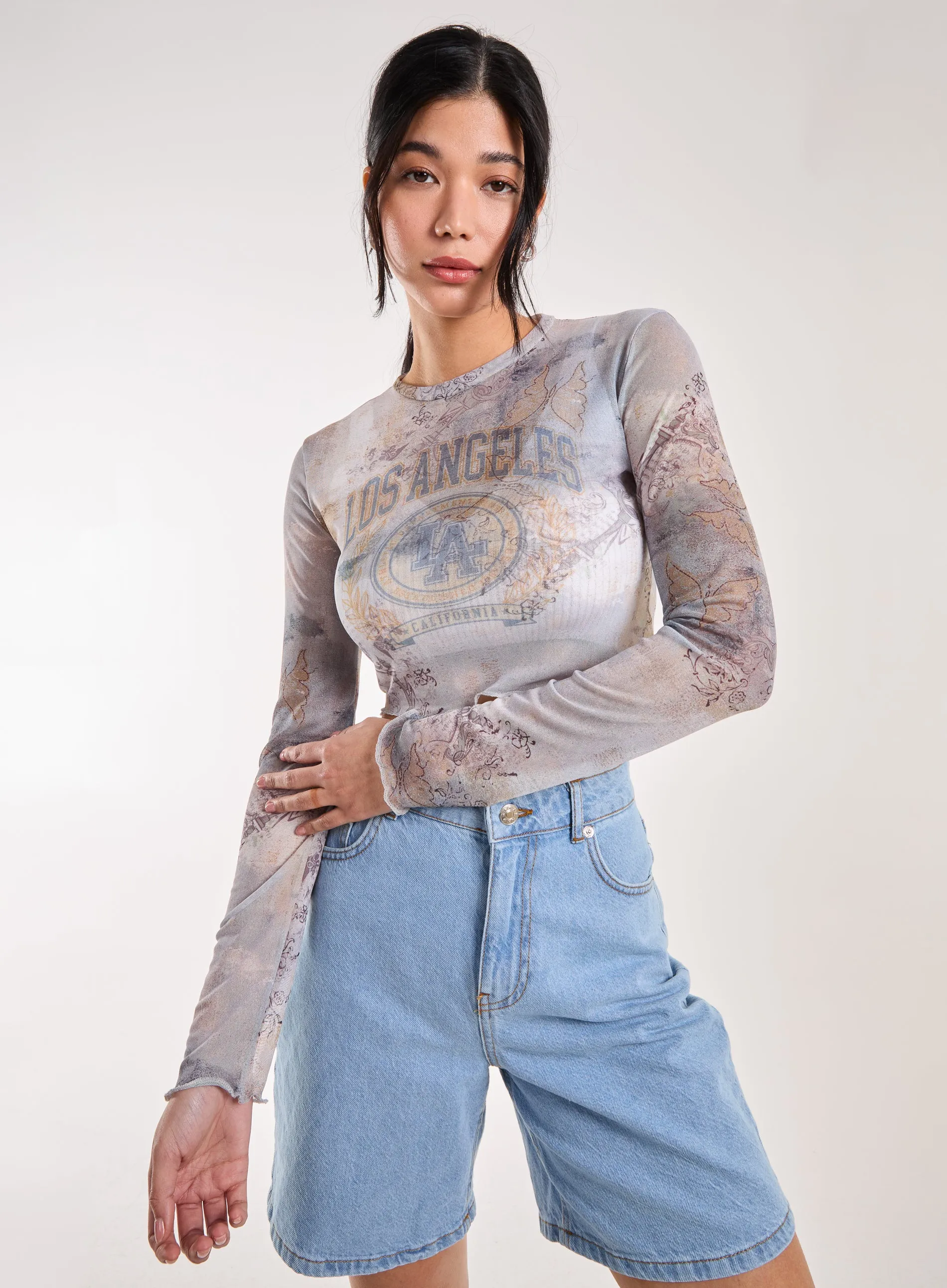 Mesh Printed LA Long Sleeve Top