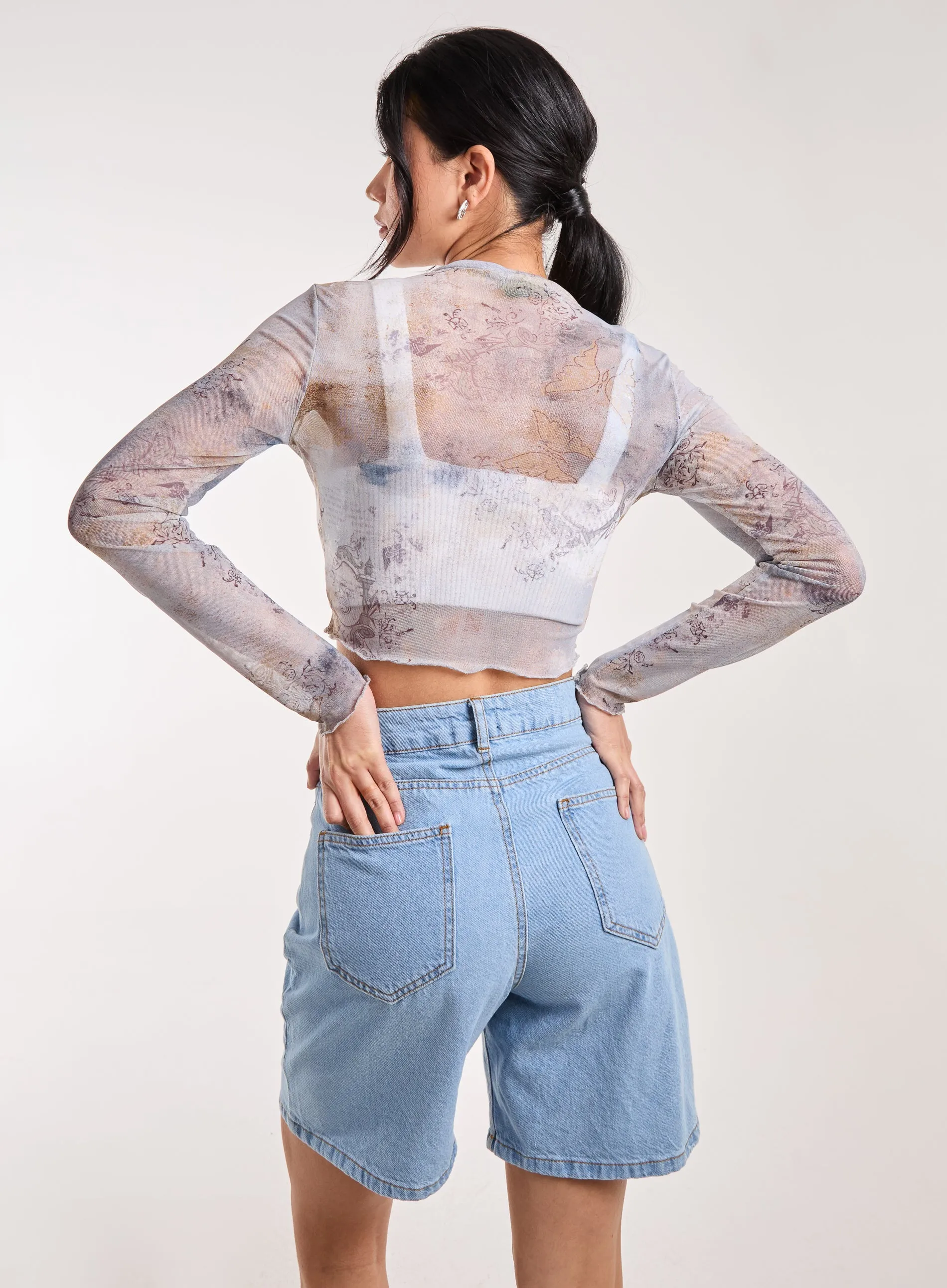 Mesh Printed LA Long Sleeve Top