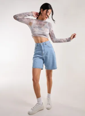 Mesh Printed LA Long Sleeve Top
