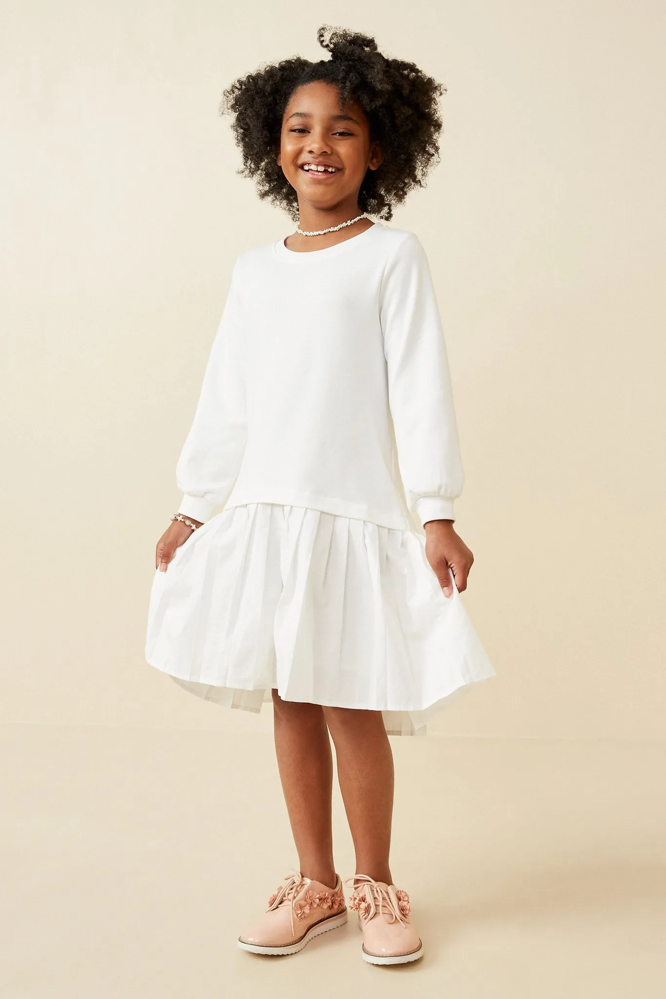 Mix Media Pleated Skirt Long Sleeve Dress