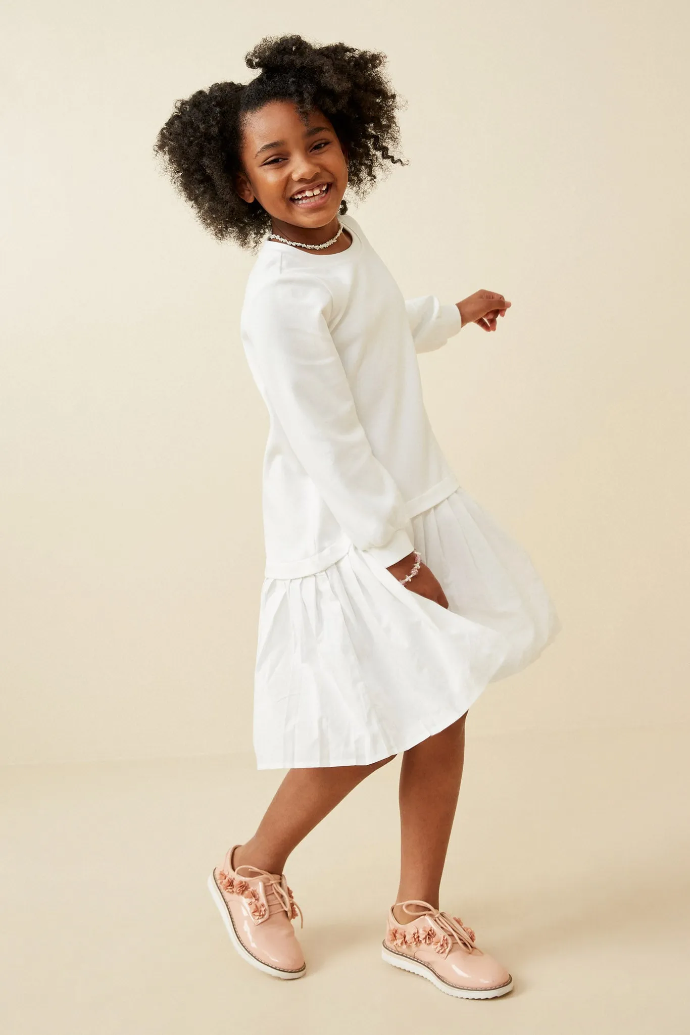 Mix Media Pleated Skirt Long Sleeve Dress