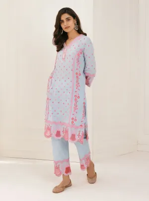 Mulmul Cotton Kalsi Blue Kurta With Kalsi Blue Palazzo