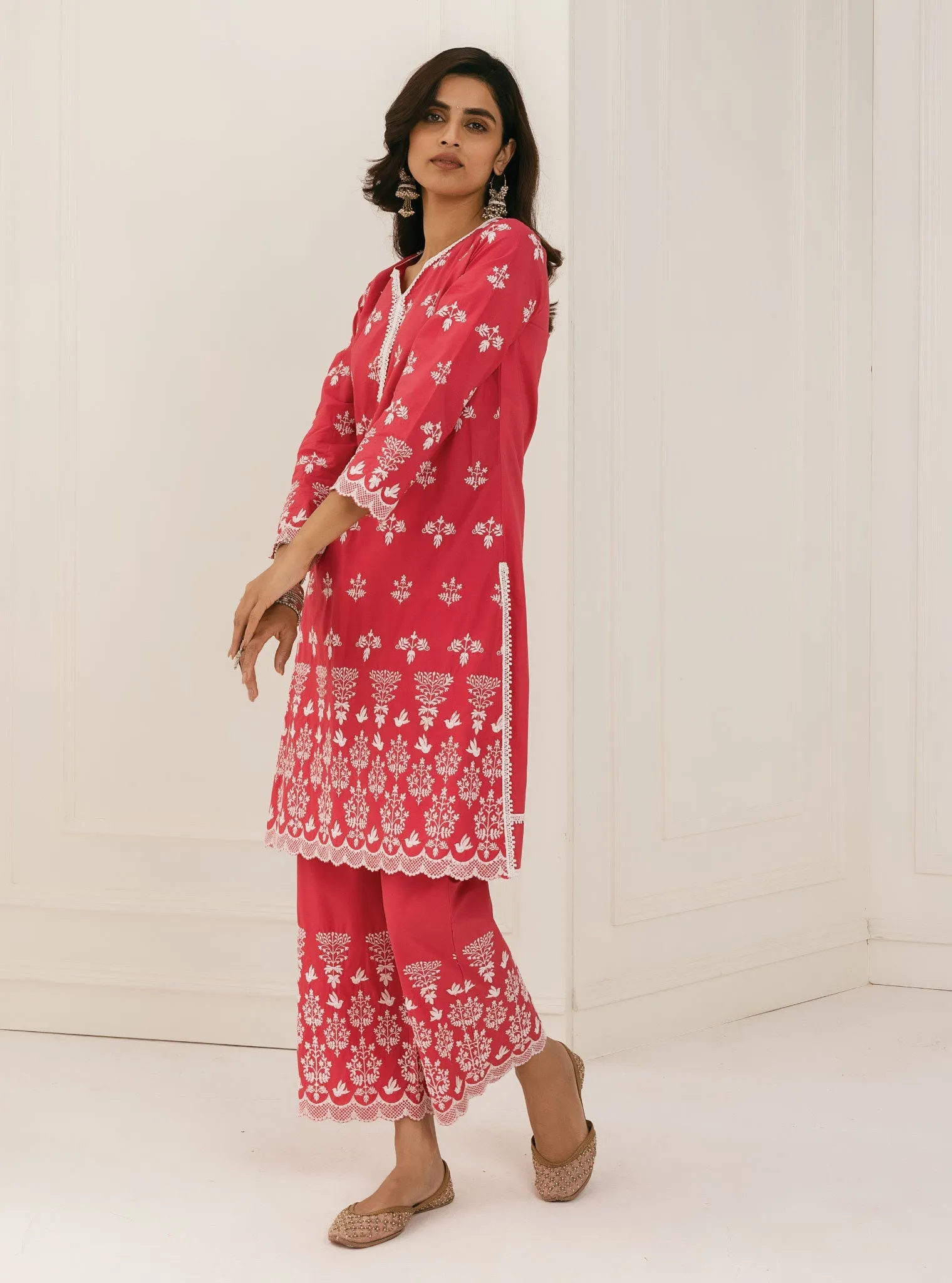 Mulmul Cotton Prini Red Kurta With Prini Red Palazzo