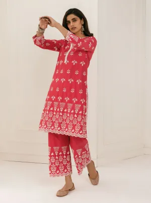 Mulmul Cotton Prini Red Kurta With Prini Red Palazzo
