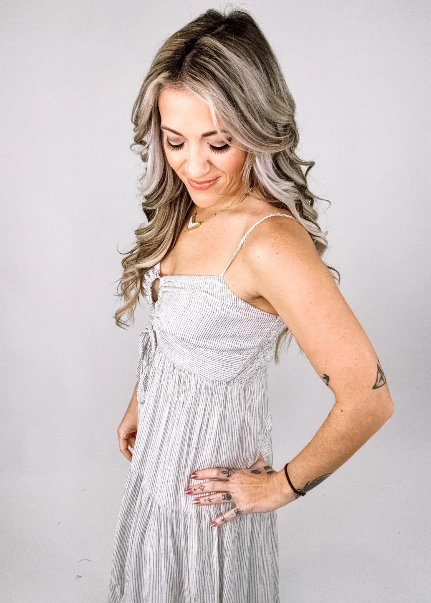 Natural Pinstripe Peekaboo Top Midi