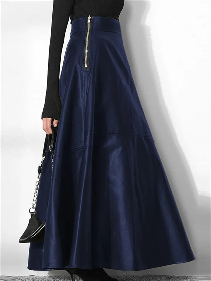 New Elegant Office Lady Solid Color PU Leather Zipper Long Skirts