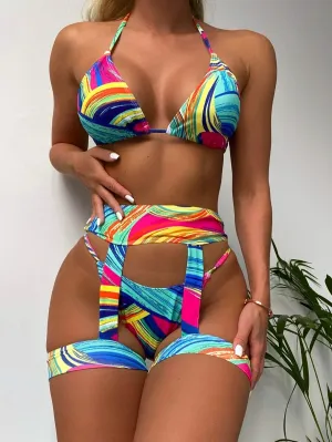 New Shein Allover Print Halter Triangle Bikini Swimsuit With Garter, Sz S! Great Quality, great material!