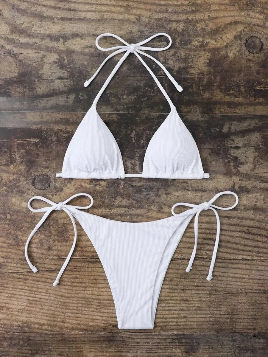 New Shein Halter Triangle Tie Side Bikini Swimsuit in White, Sz M! Fits True