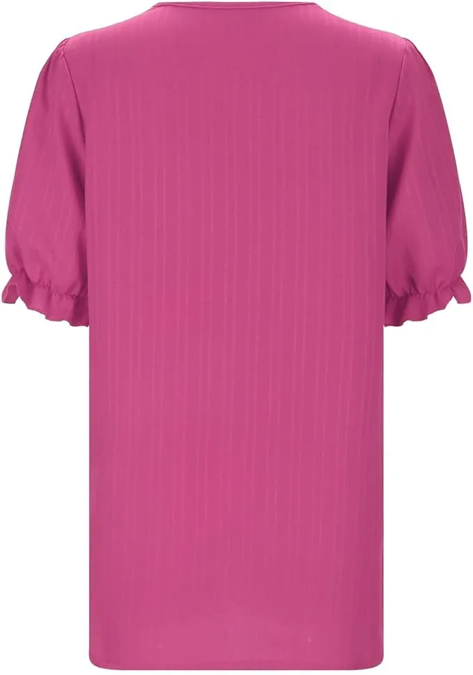 NEW Short Sleeve V Neck Casual T-Shirts Lace Trim Loose Comfy Tee Elegant Blouse Sz L, Pink