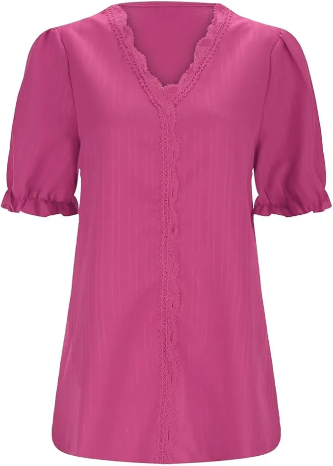 NEW Short Sleeve V Neck Casual T-Shirts Lace Trim Loose Comfy Tee Elegant Blouse Sz L, Pink