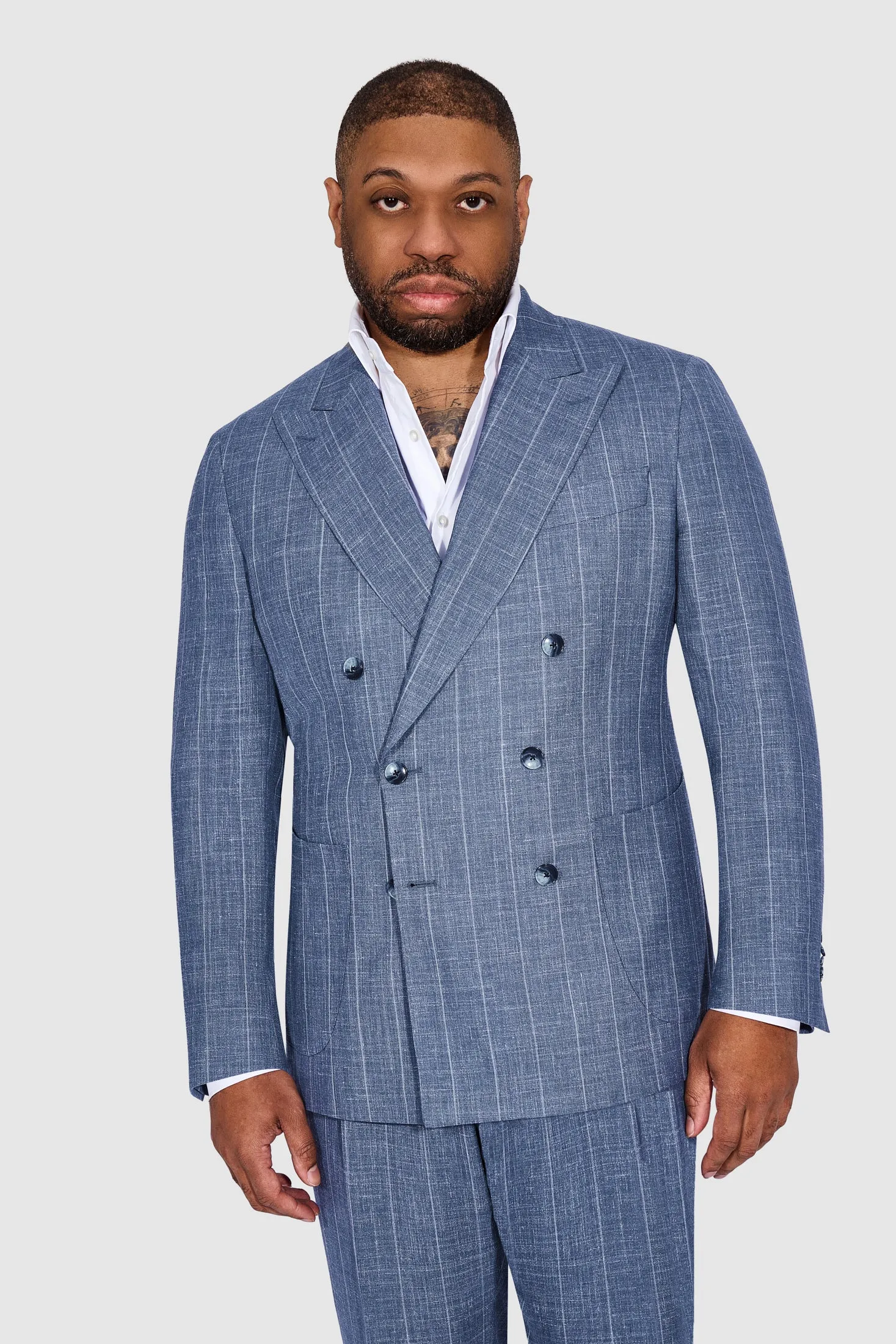 New SUITREVIEW Elmhurst Slate Blue Wool, Silk, Linen Loro Piana Wide Stripe DB Suit - Size 38R, 42S, 42R, 44R (Other Sizes Special Order)