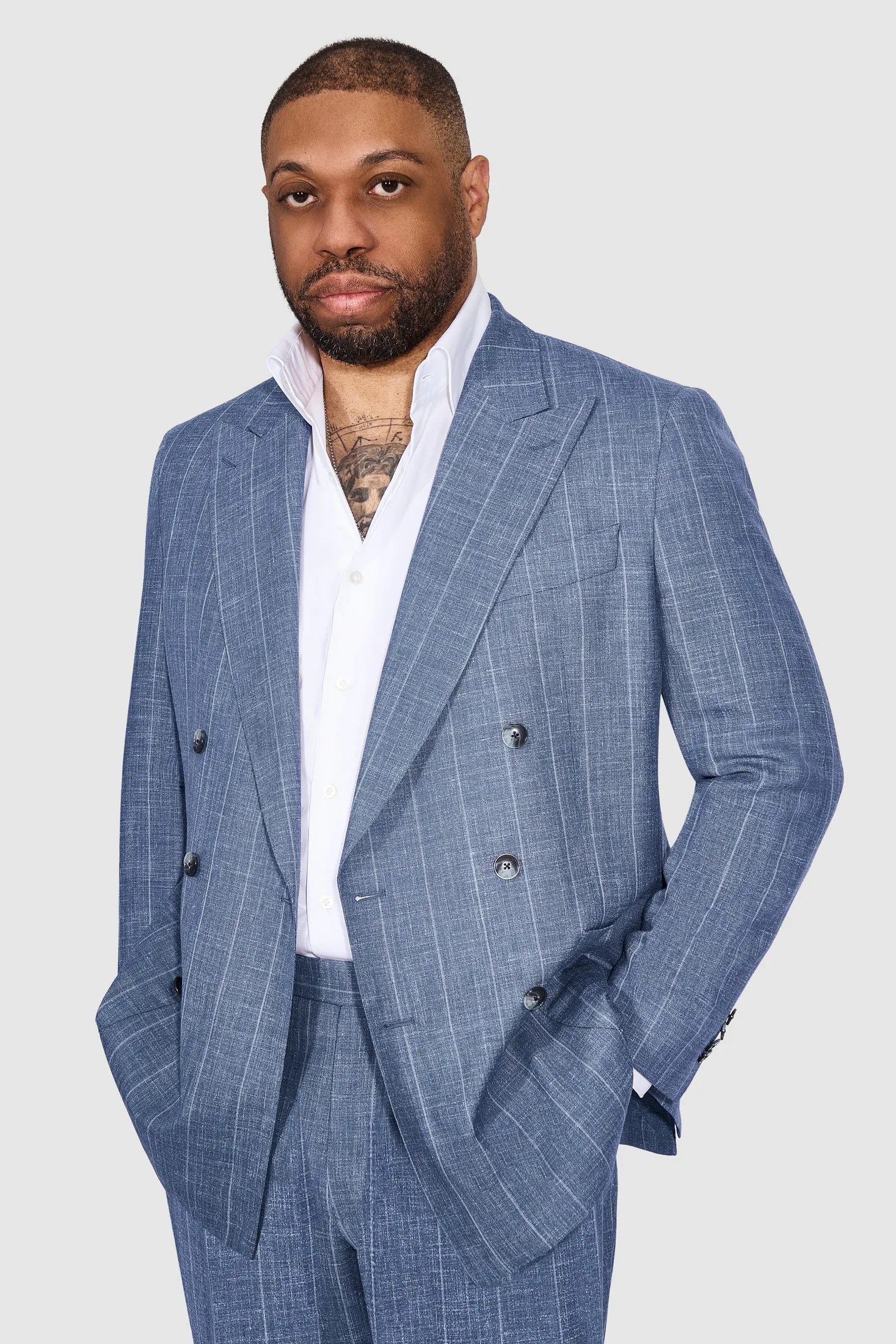 New SUITREVIEW Elmhurst Slate Blue Wool, Silk, Linen Loro Piana Wide Stripe DB Suit - Size 38R, 42S, 42R, 44R (Other Sizes Special Order)