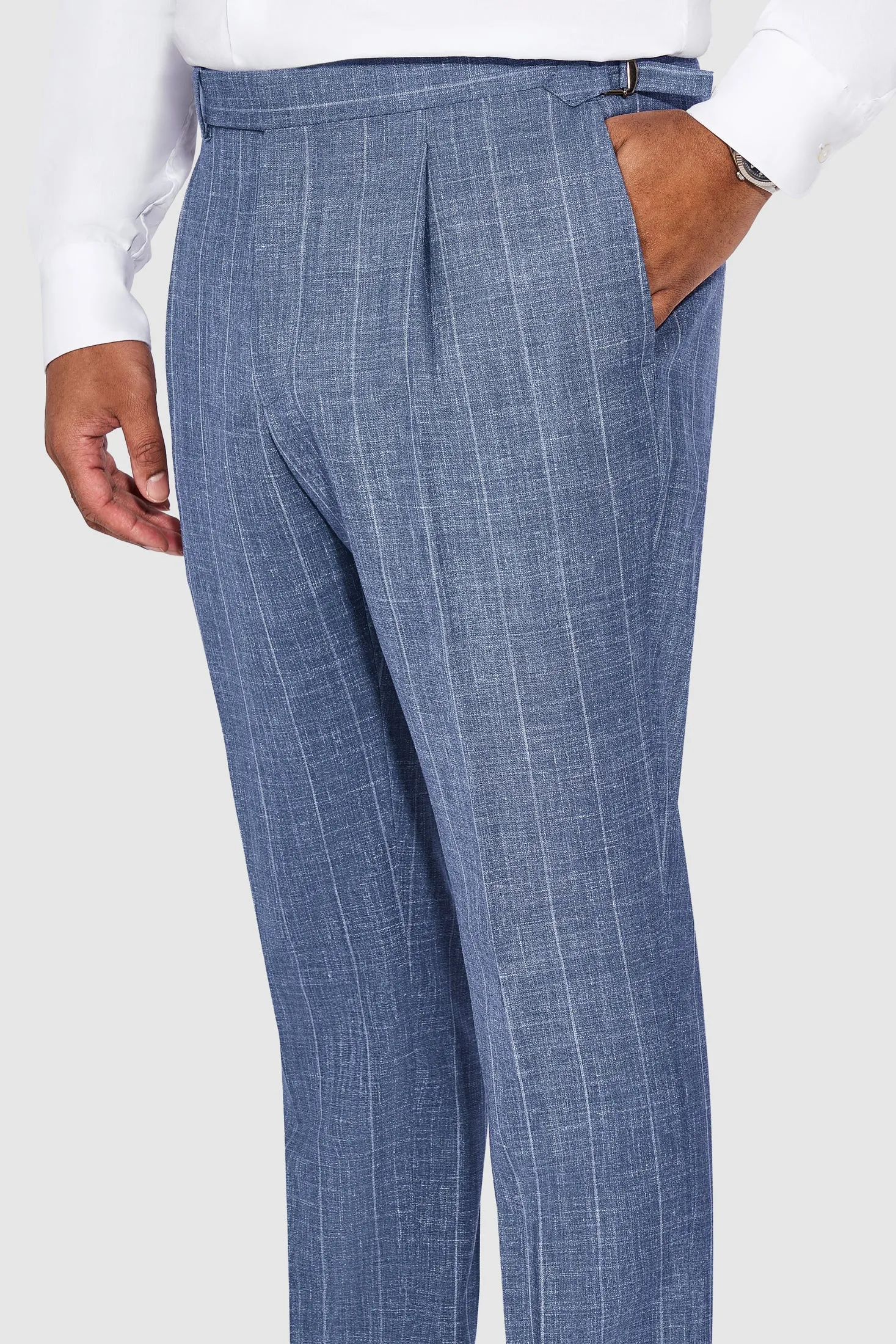 New SUITREVIEW Elmhurst Slate Blue Wool, Silk, Linen Loro Piana Wide Stripe DB Suit - Size 38R, 42S, 42R, 44R (Other Sizes Special Order)