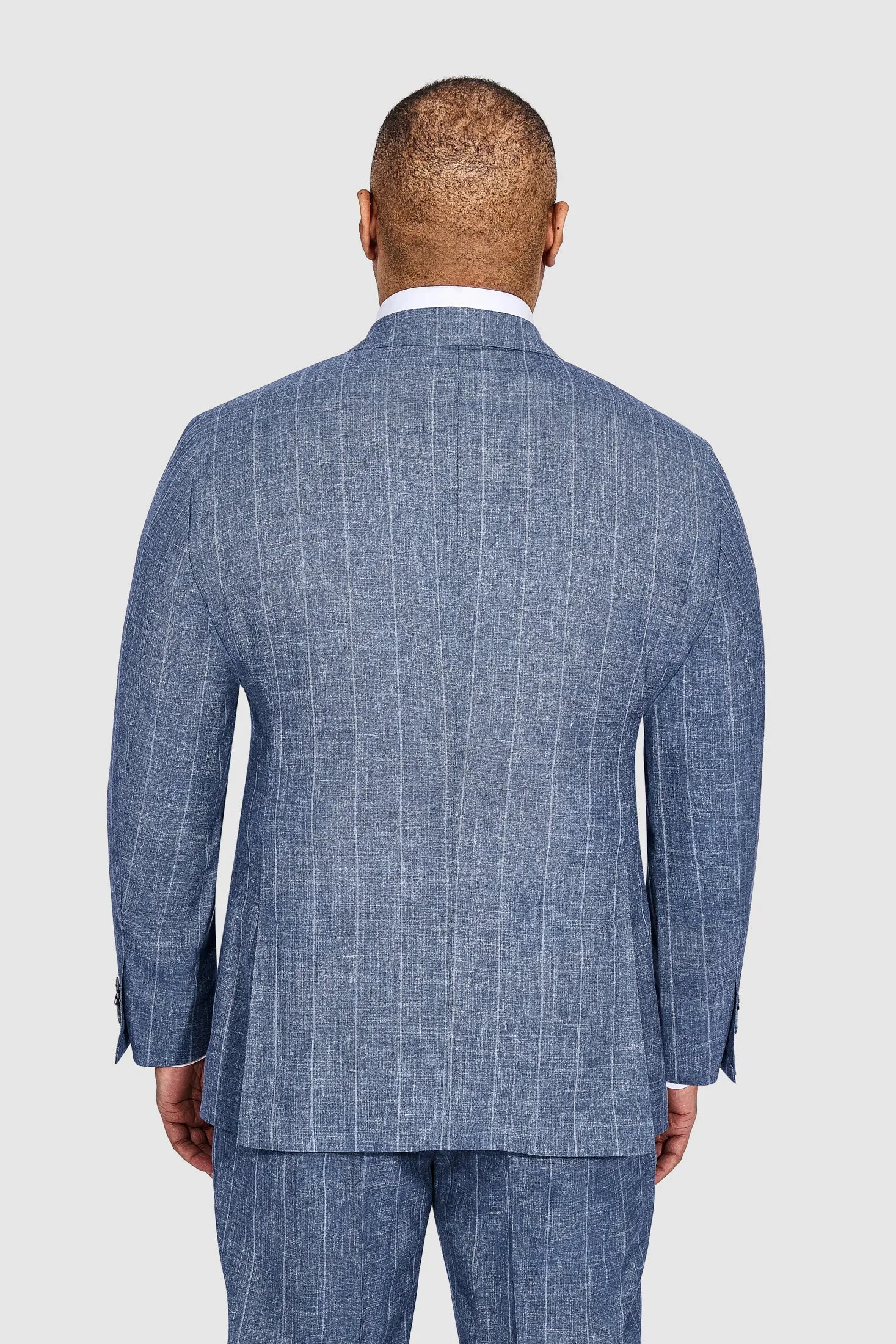 New SUITREVIEW Elmhurst Slate Blue Wool, Silk, Linen Loro Piana Wide Stripe DB Suit - Size 38R, 42S, 42R, 44R (Other Sizes Special Order)