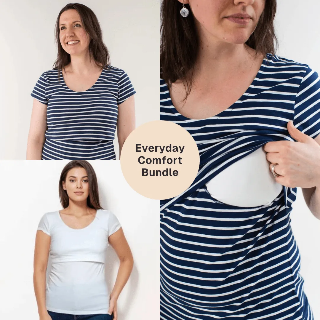Nursing Short Sleeve Twin Pack Cotton T-Shirt | White & Navy/White Stripe