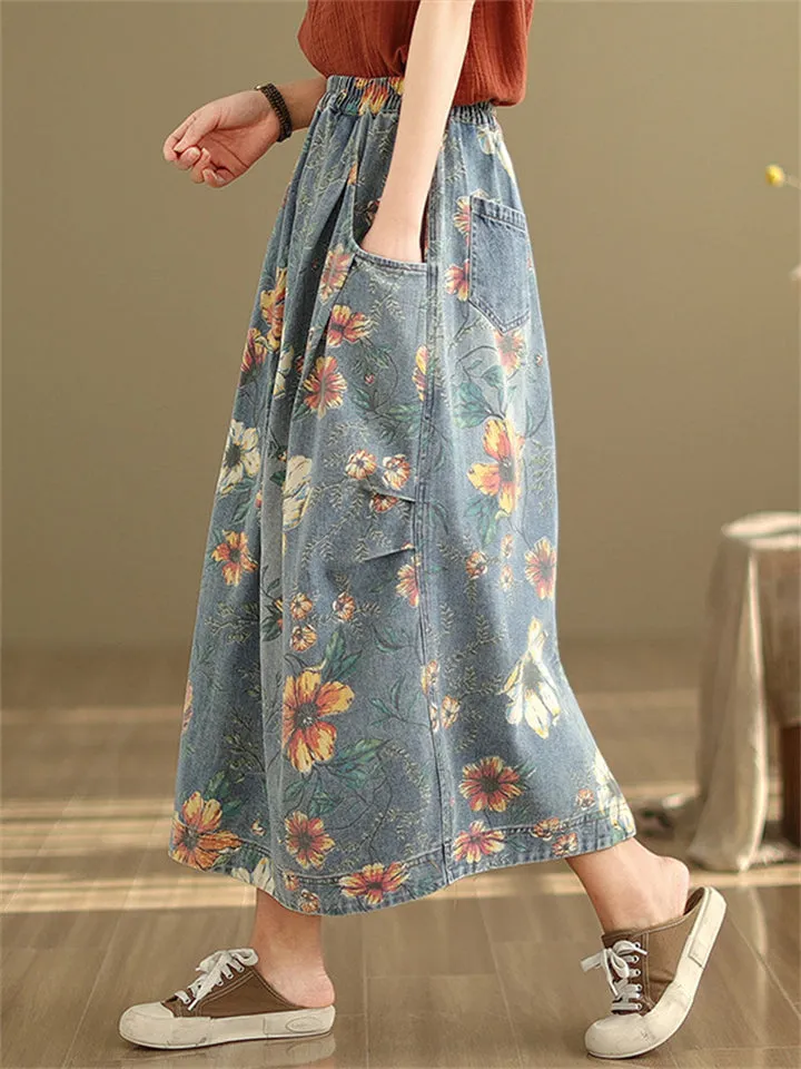 Orange & White Flowers Print Women's Elastic Waist Denim Skirt