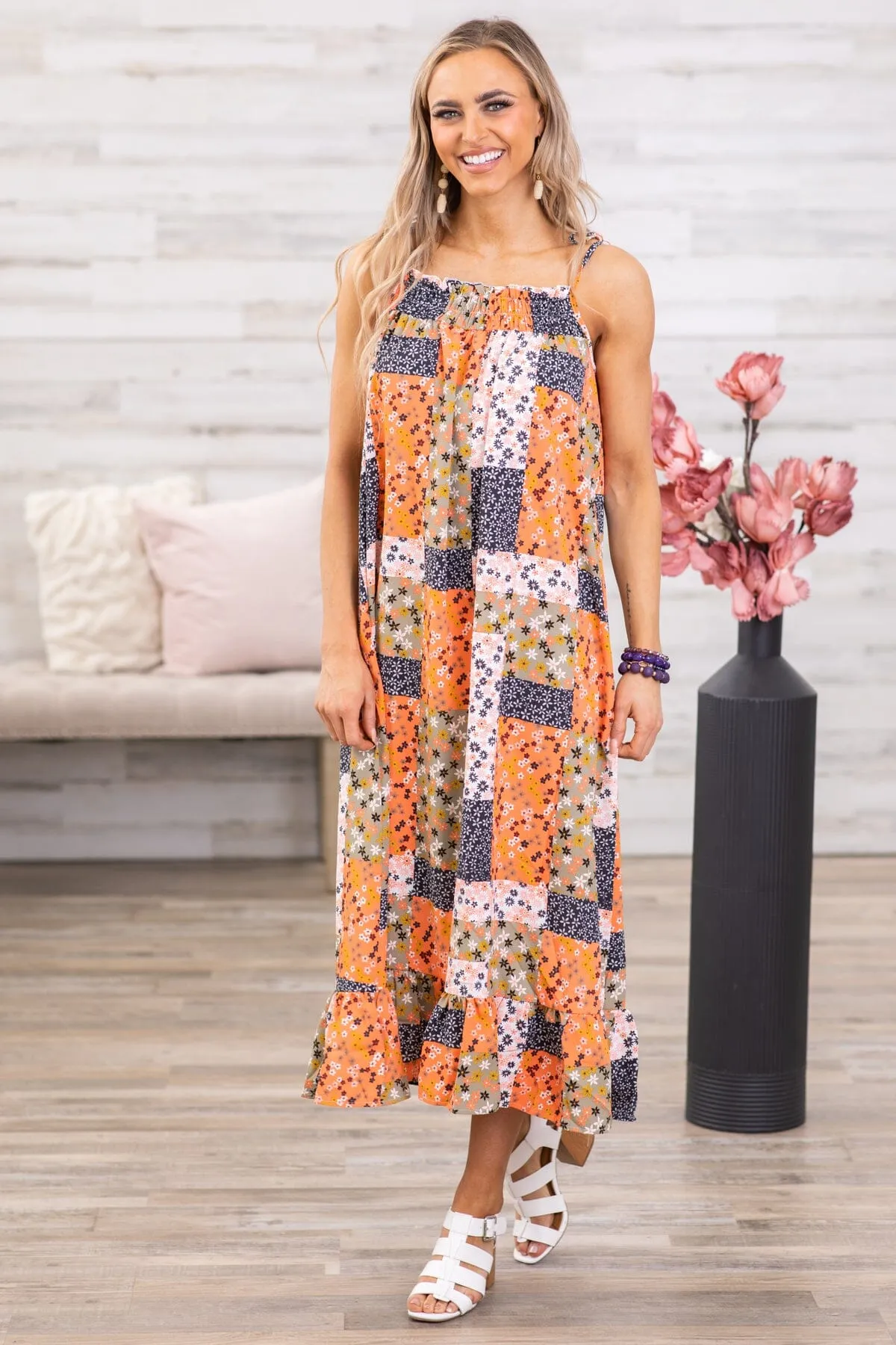 Orange Multicolor Floral Patchwork Midi Dress
