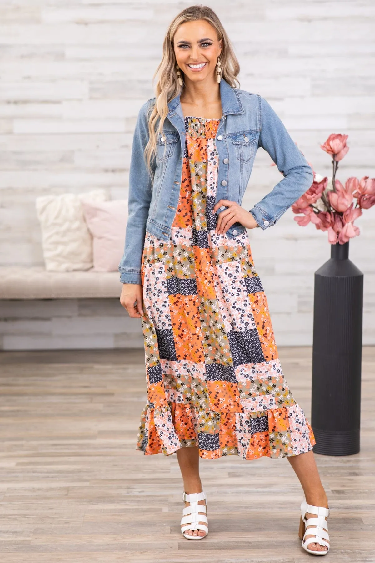 Orange Multicolor Floral Patchwork Midi Dress
