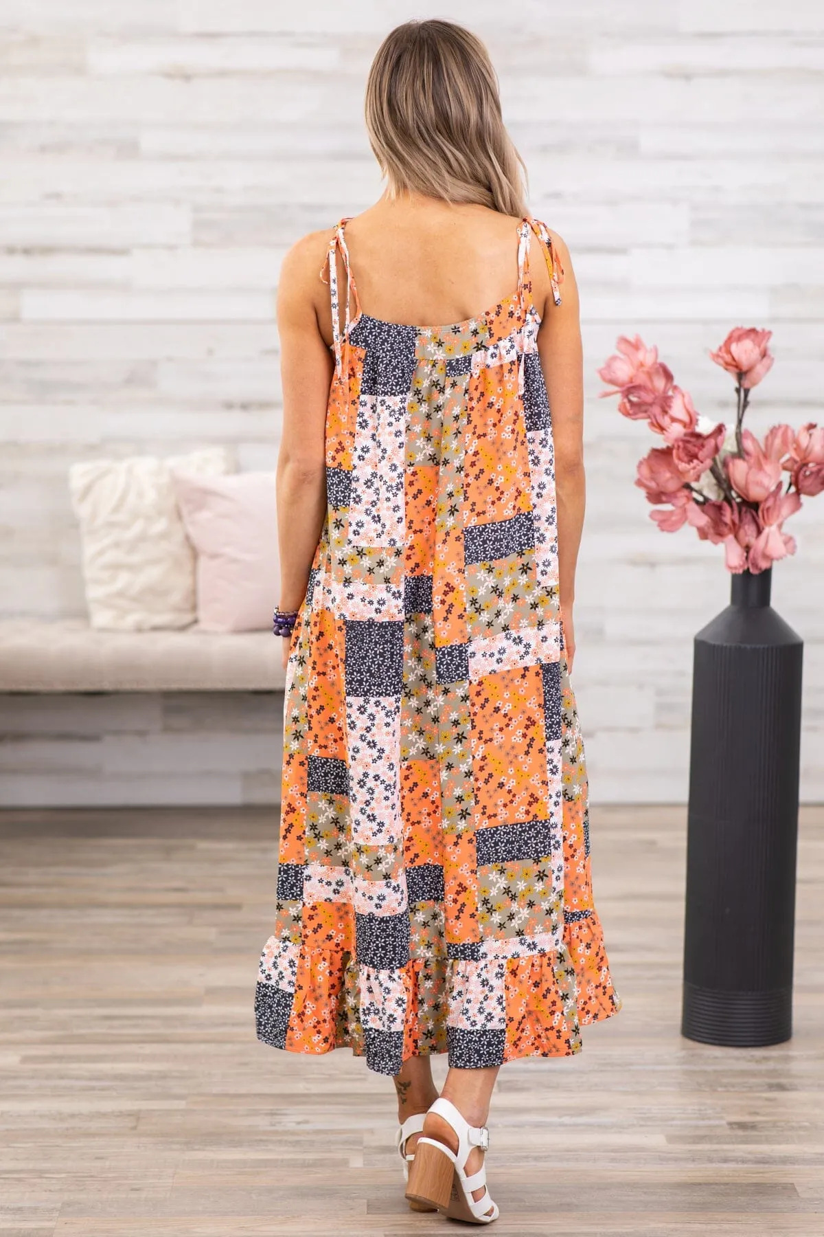 Orange Multicolor Floral Patchwork Midi Dress