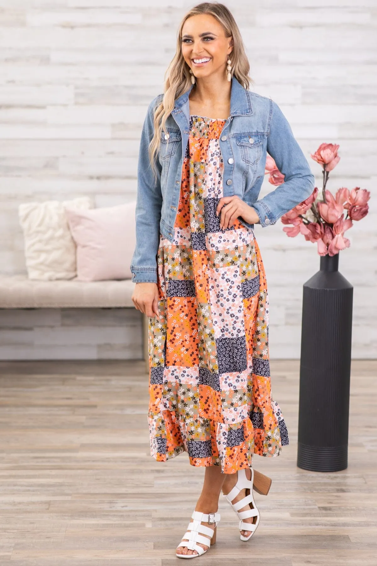 Orange Multicolor Floral Patchwork Midi Dress