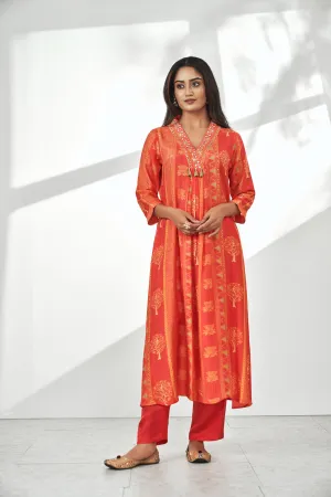 Orange Viscose Muslin V-neck Kurta Set