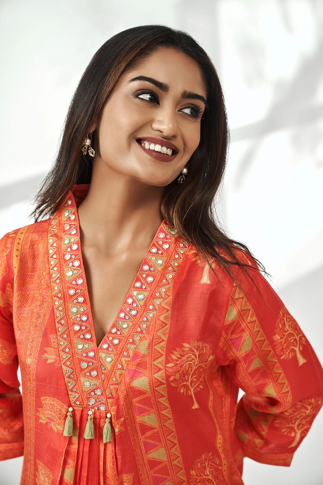 Orange Viscose Muslin V-neck Kurta Set