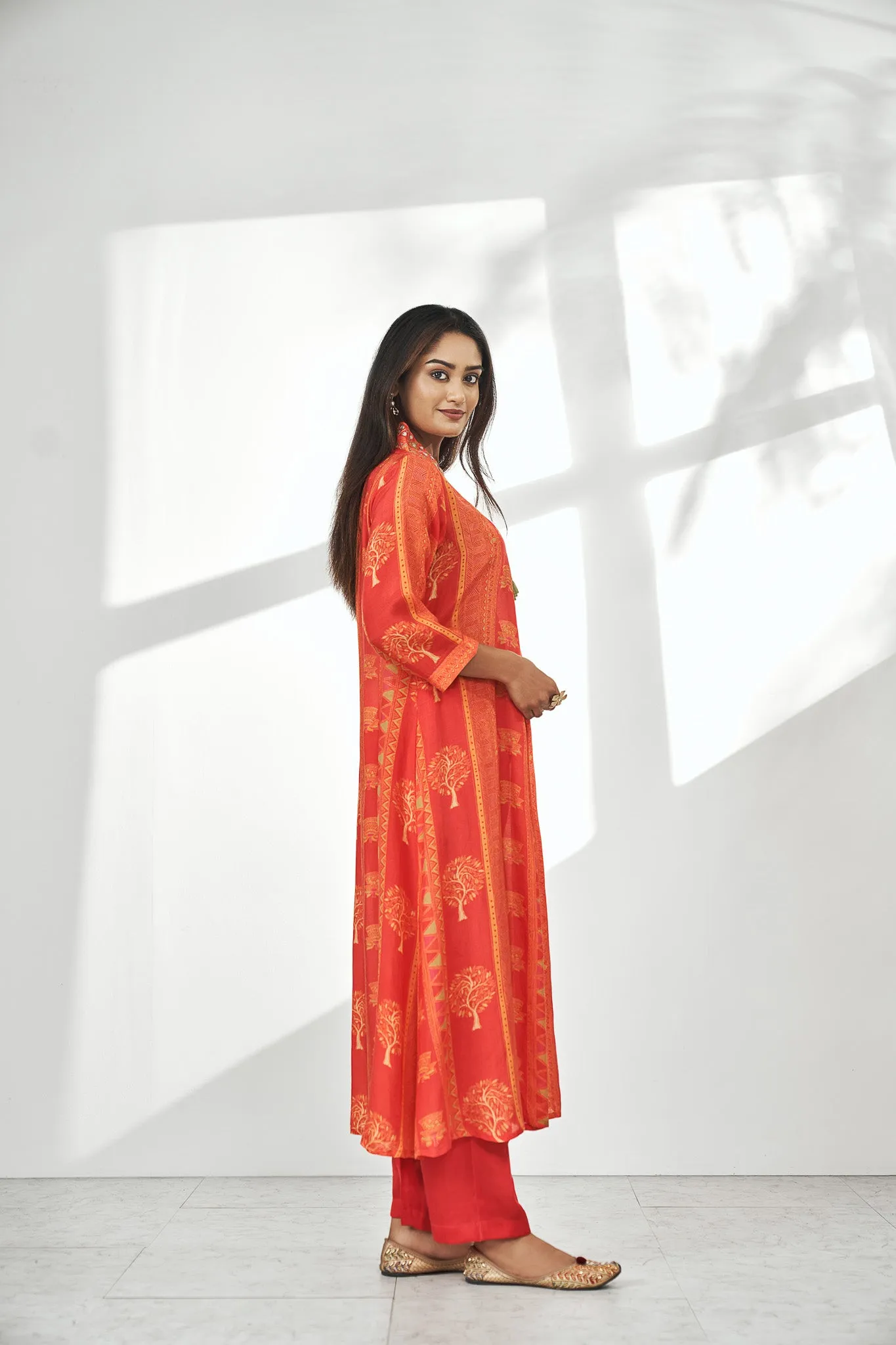 Orange Viscose Muslin V-neck Kurta Set