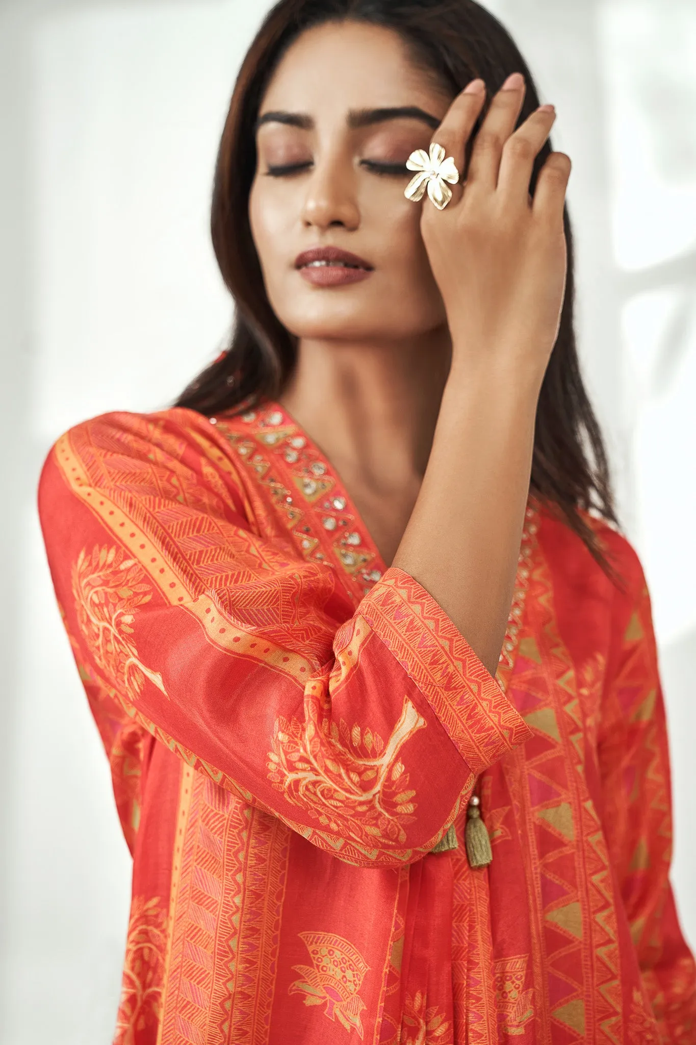 Orange Viscose Muslin V-neck Kurta Set