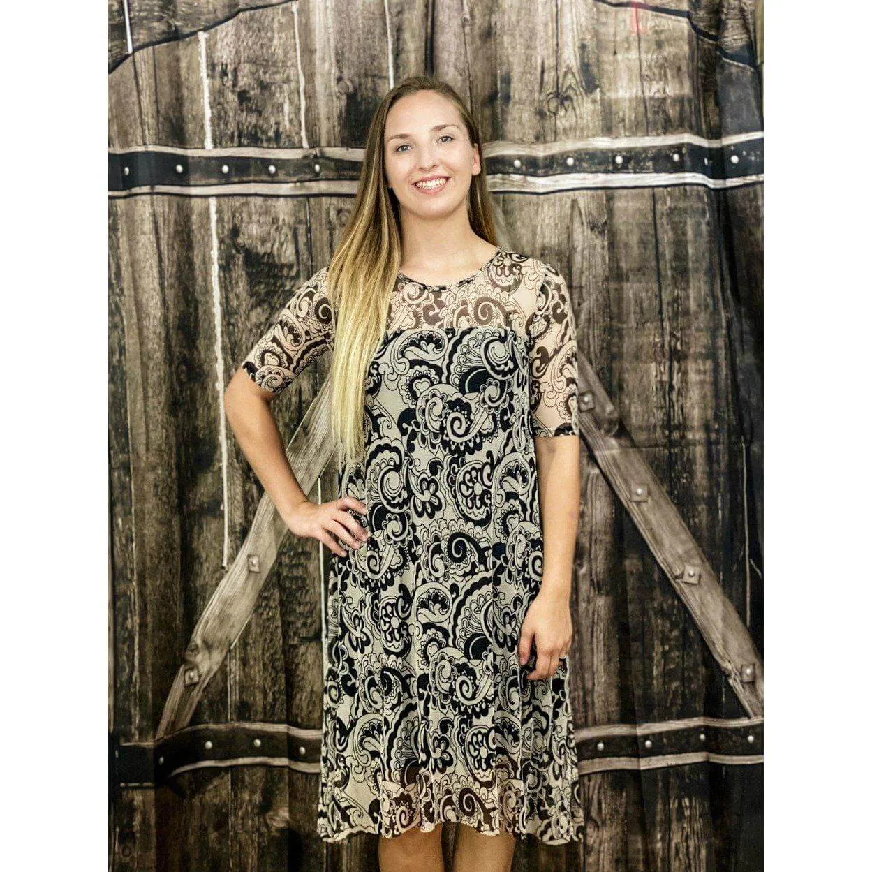 PAISLEY MESH COMBO ASYMMETRICAL DRESS