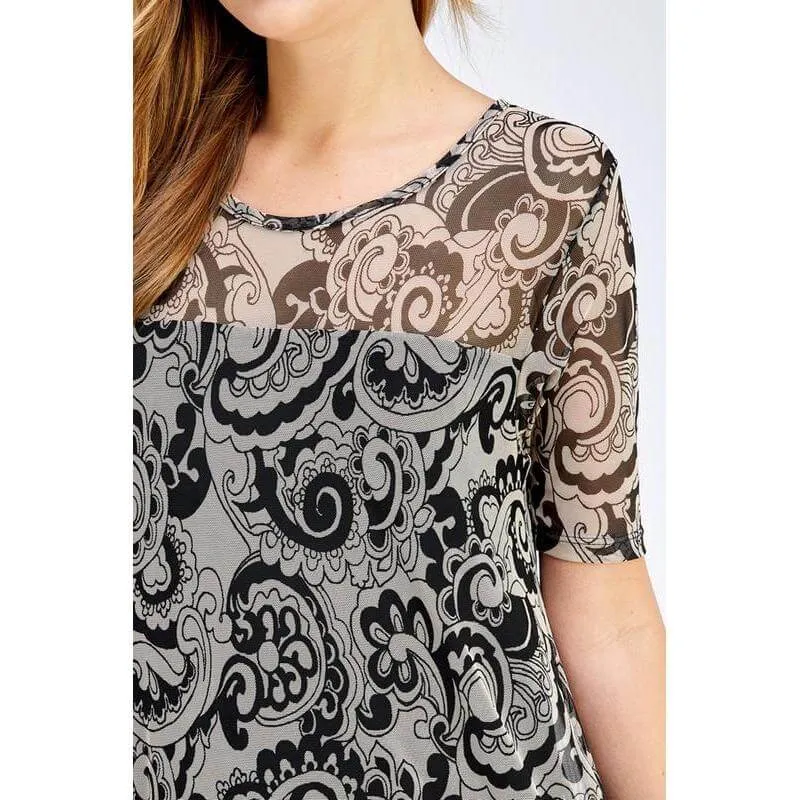 PAISLEY MESH COMBO ASYMMETRICAL DRESS