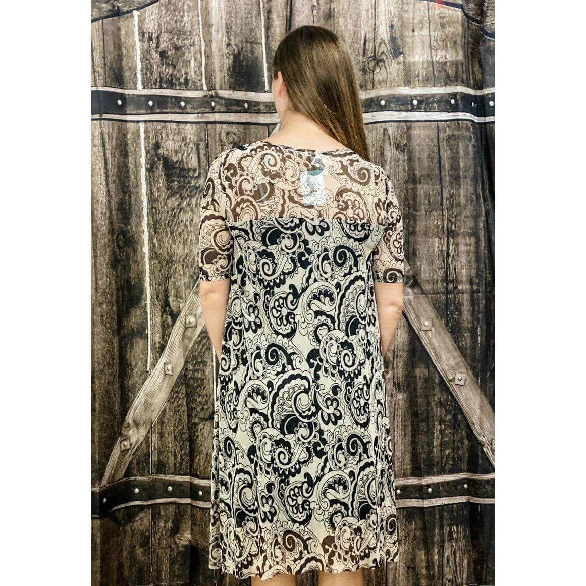 PAISLEY MESH COMBO ASYMMETRICAL DRESS
