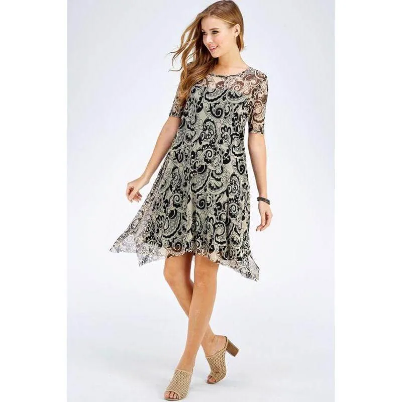 PAISLEY MESH COMBO ASYMMETRICAL DRESS