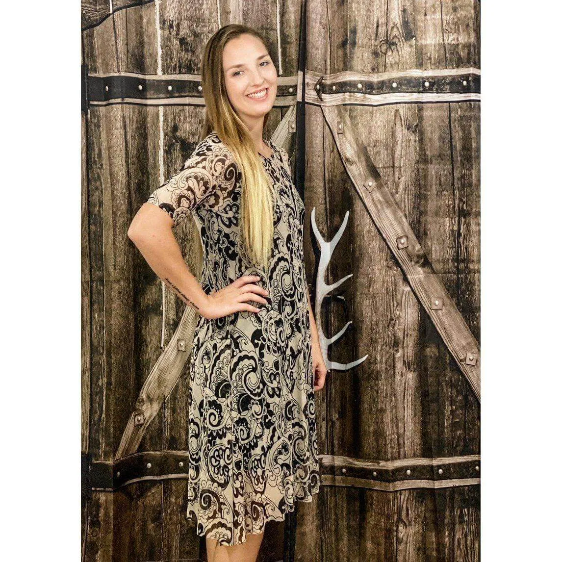 PAISLEY MESH COMBO ASYMMETRICAL DRESS