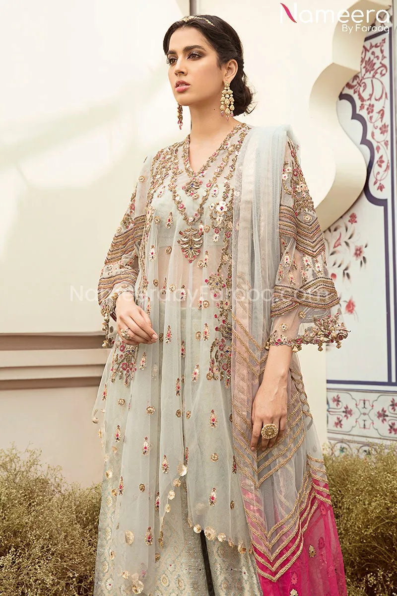 Pakistani Bridal Sharara with Tulle Blue Shirt #BS111