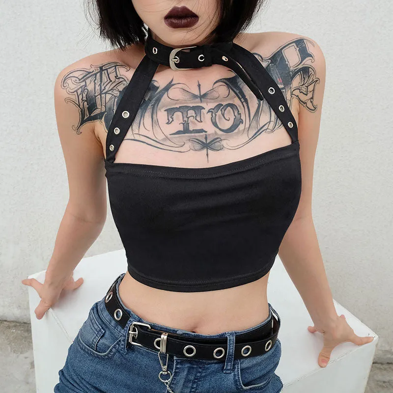 [@pinksplice] “METAL BUCKLE HALTER VEST” CROP TOPS W031104REVIEW