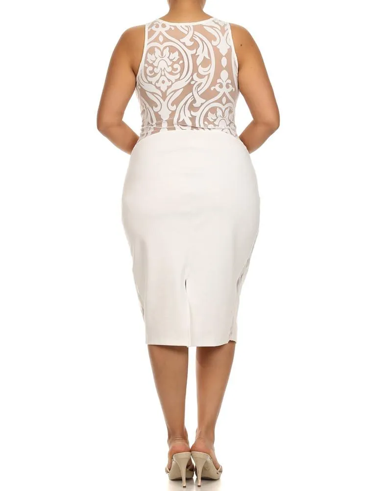 Plus Size Graceful Victorian Print Mesh White Midi Dress